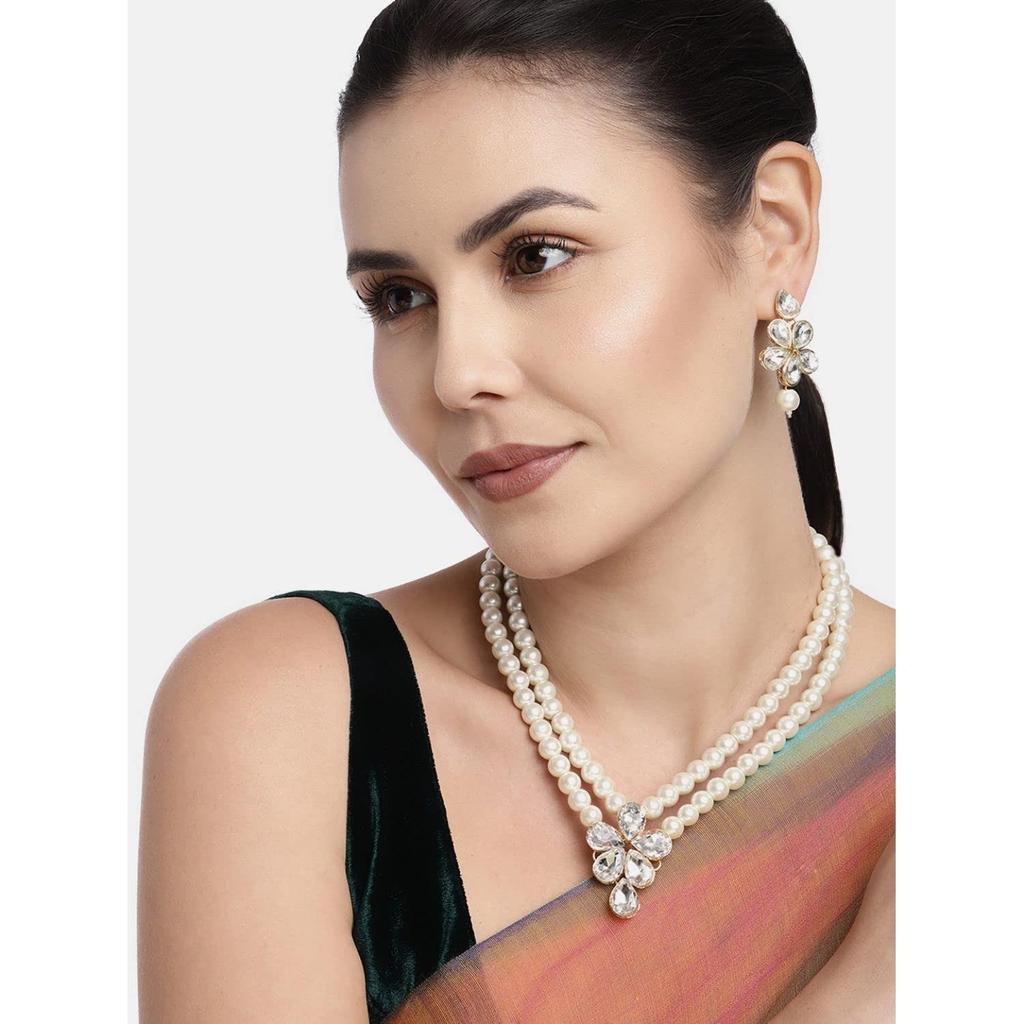 Gold Plated Traditional Kundan & Pearl Studded Necklace Jewellery Set for Women