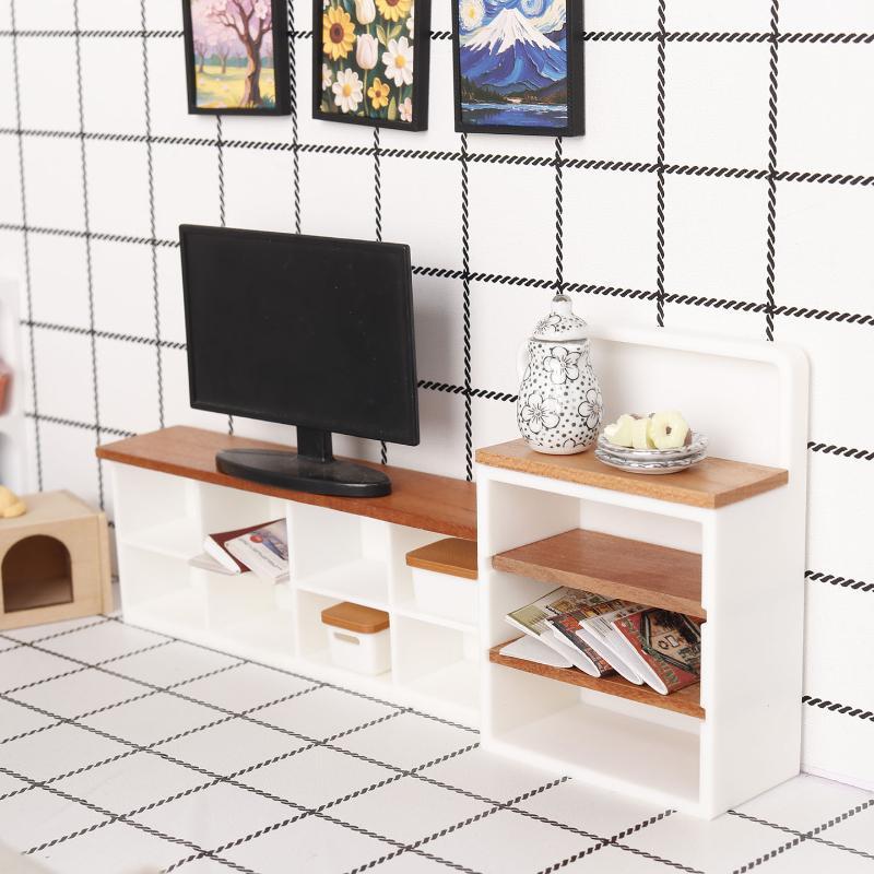 1/12 Scale Miniature Sideboard TV Cabinet Dual Use Storage Rack for Dollhouse Diorama Scene Decor Hobby Gifts