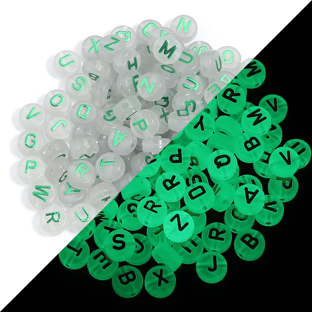 100pcs 10mm Acrylic Luminous Letter Beads Christmas Flat Round Loose Alphabet Beads For Jewelry Making DIY Bracelets Accessories
