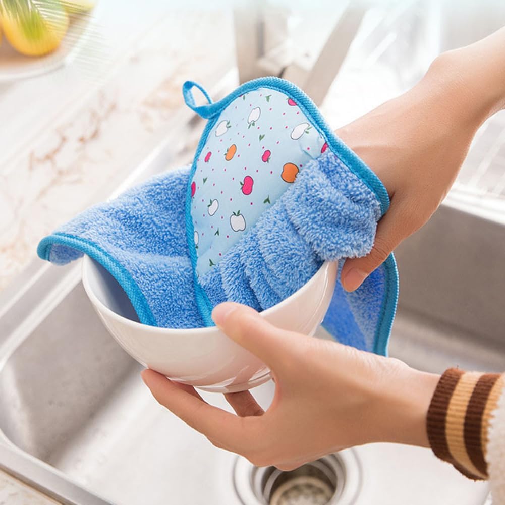 3Pcs Microfiber Hanging Hand Towels with Loop Quick Dry Small Towel Set Absorbent Coral Fleece Soft Thick Dish Cloth Reusable Cleaning Rags for