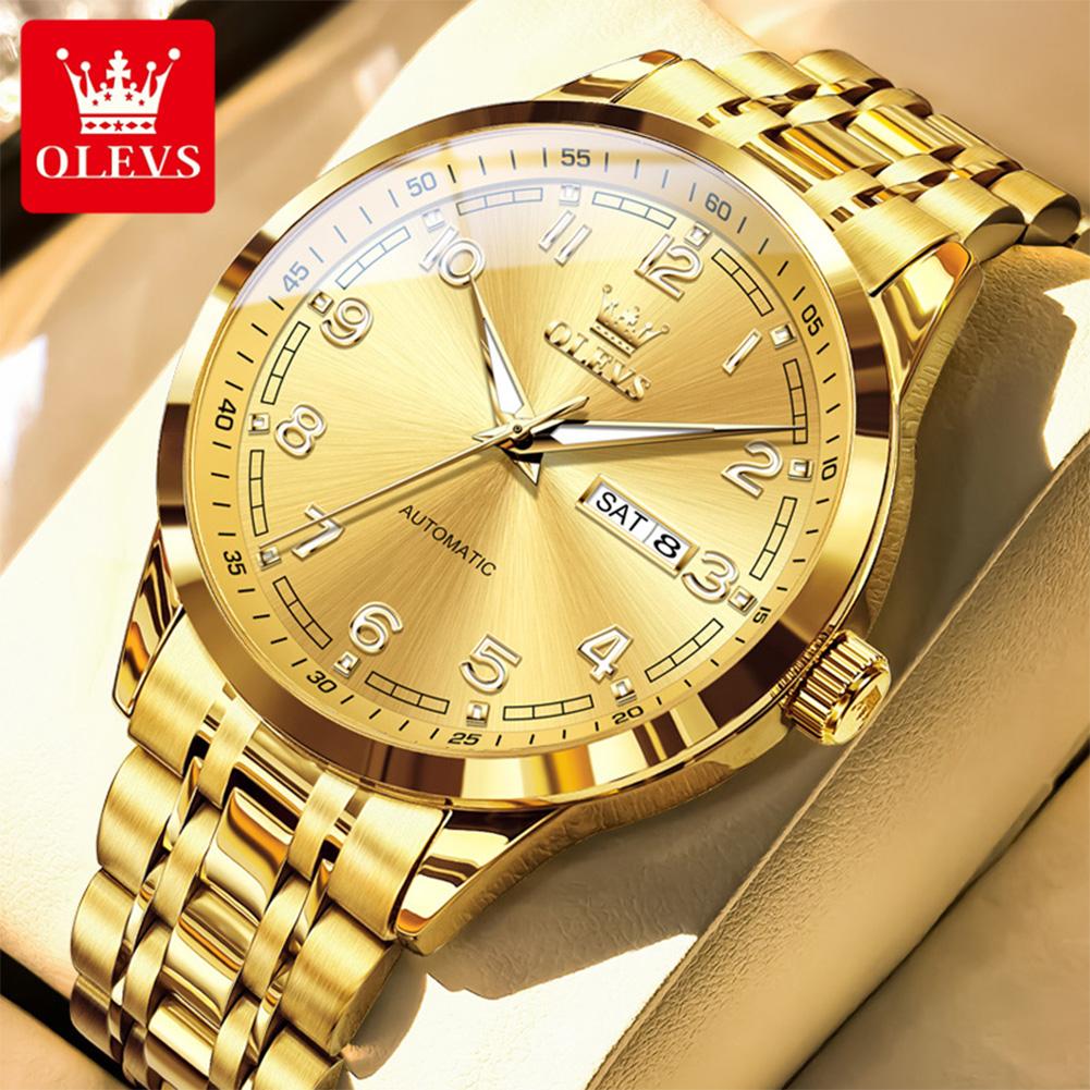 OLEVS Man Watch Luxury Automatic Mechanical Wristwatches Original Stainless Steel Waterproof Luminous Date Week Hand Clock 7077
