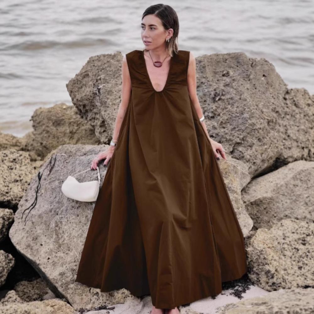 Women's U Neck Sleeveless Maxi Dress Loose Wide Waist Casual Solid Viscose Linen Blend A Line Vacation Dress