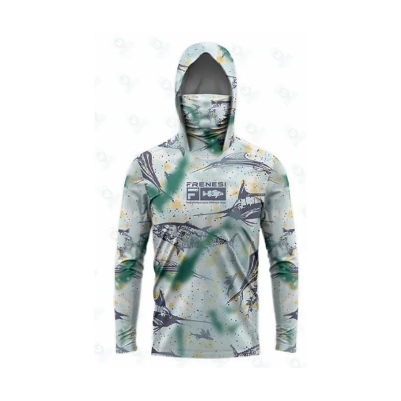 Mens Quick-Dry UV Protection Fishing Hoodie With Face Cover Long Sleeve Camo Outdoor Sport Shirt Hiking Camping