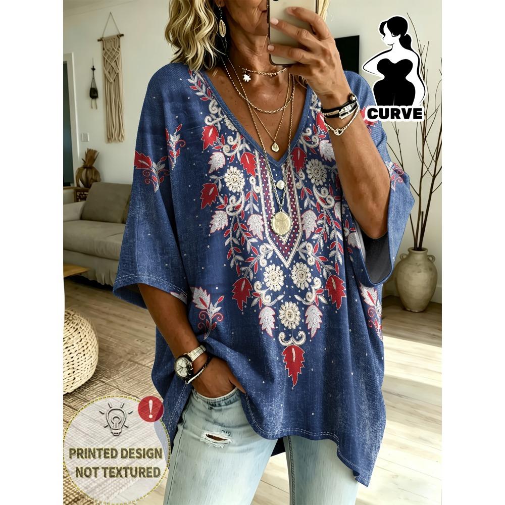 Plus Size Women's Simple Bohemian Pattern Print V-neck Top Three-quarter Sleeves Loose Plus Size Casual Daily T-shirt