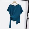 T-shirt à manches courtes et col rond pour femme, ourlet irrégulier, élastique, fin, couleur unie, pull ample, streetwear, été