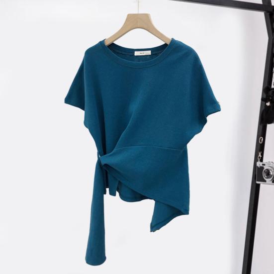 T-shirt à manches courtes et col rond pour femme, ourlet irrégulier, élastique, fin, couleur unie, pull ample, streetwear, été