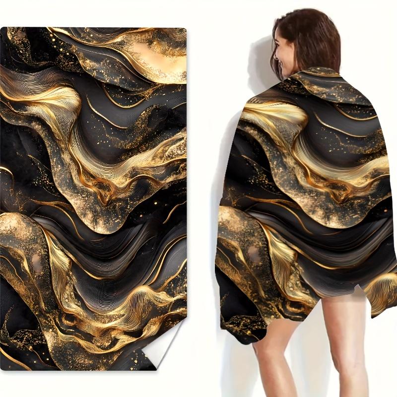 Schwarz-Gold Strandtuch, Abstrakter Fluid-Art Druck, Luxuriöse Marmortextur Schnelltrocknende Mikrofaser, Sandfrei Perfekt für den Sommerurlaub