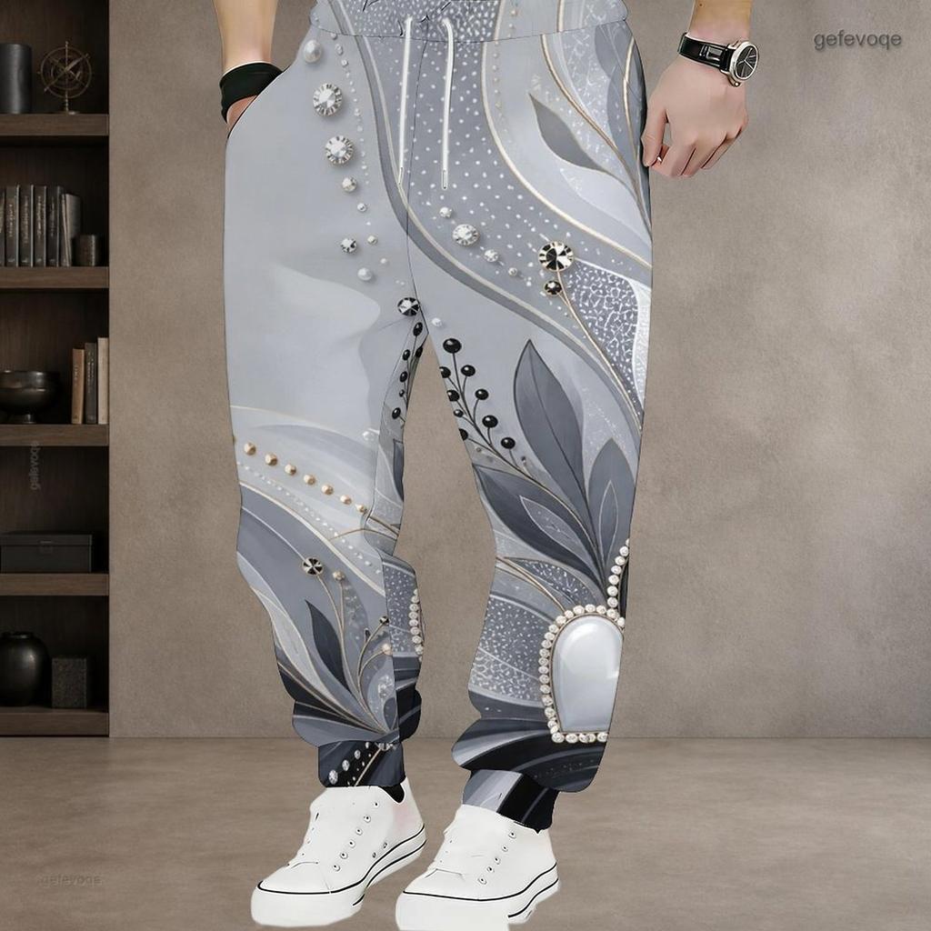 Men Plus Size Drawstring Waist Printed Teal Green Gem Heart Pattern Jogger Pants Cuffed Ankle With Side Pockets Long Trousers