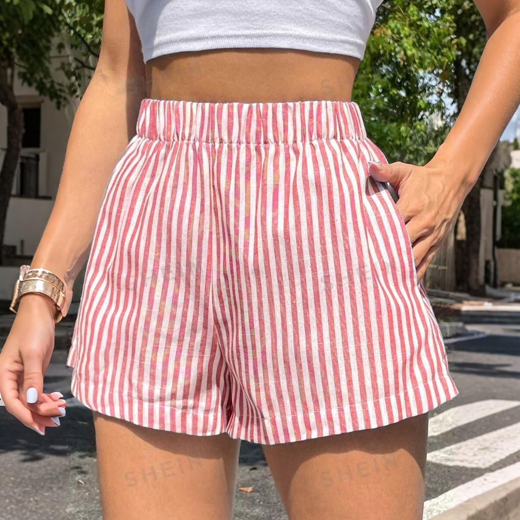 Damen Baumwollshorts Gestreift Elastischer Bund Pyjamahose Lounge Schlafshorts mit Taschen Sommerkleidung