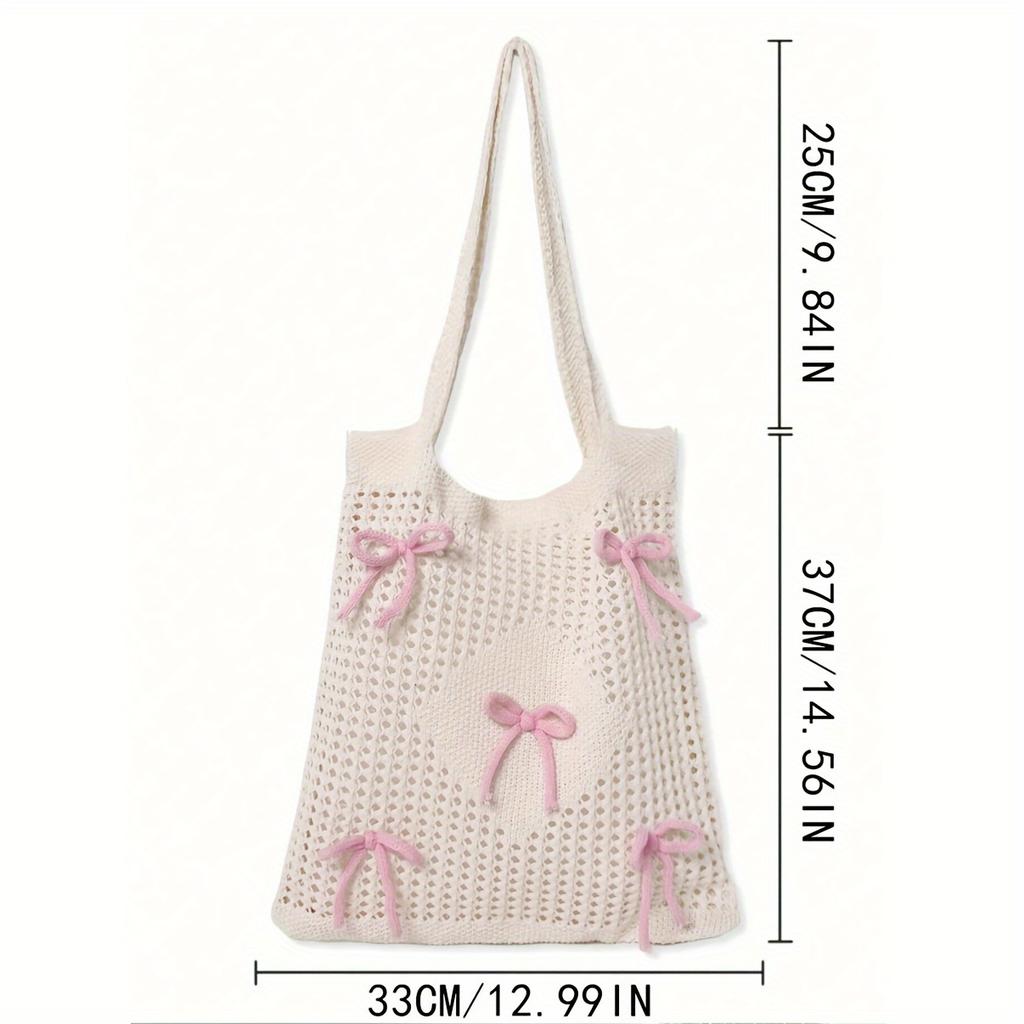 Preppy Style Crochet Tote Bag with Butterfly Accents, Solid Color Polyester Shoulder Bag, Foldable Fashi Beach Bag