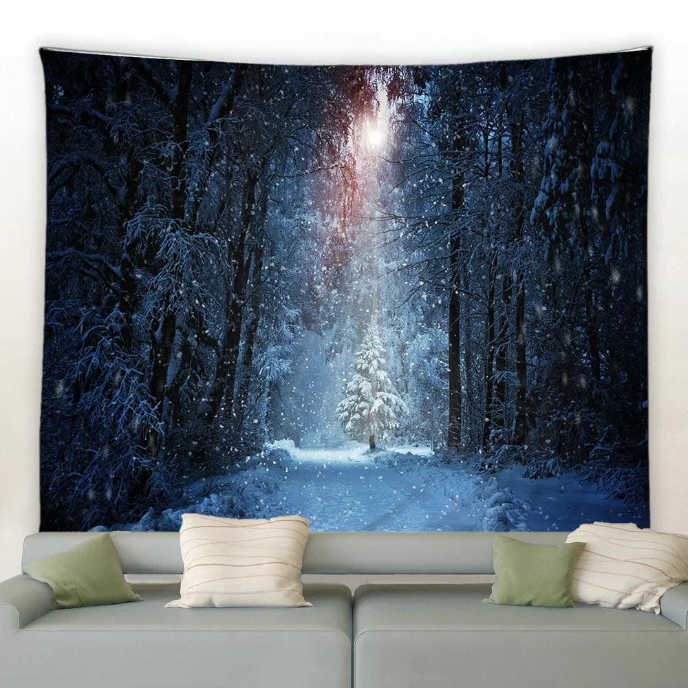 Fereastră Exterior Fulg de Nea Pădure Tapiserie Tapiserii Peisaj de Iarnă Agățat de Perete Decor Artă Acasă Pătură pentru Dormitor Camera de Zi
