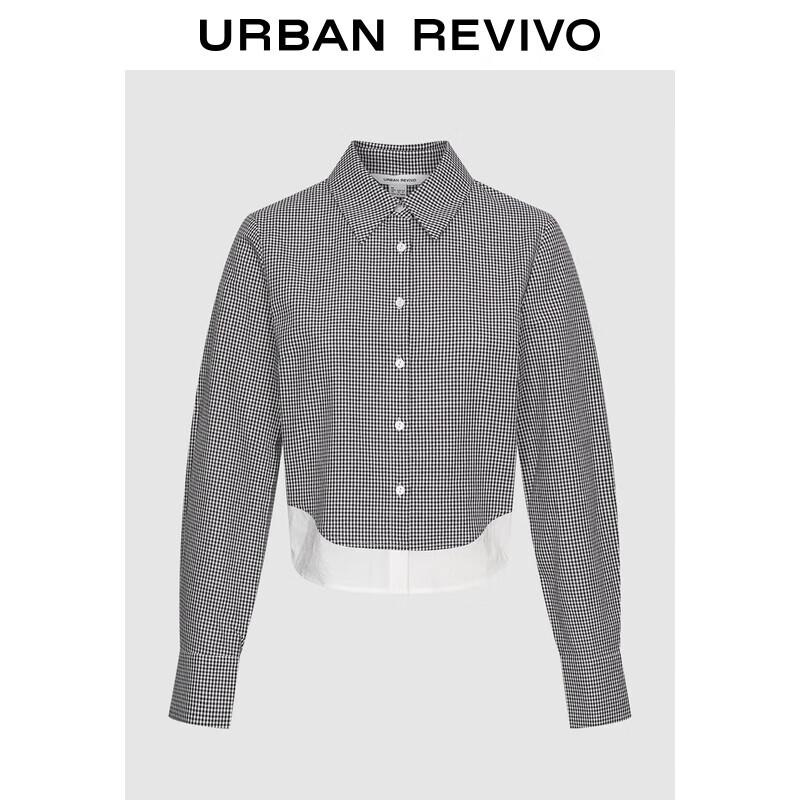 UR 2025 Autumn Women s Color-block Plaid Long-sleeve Shirt S