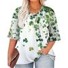 Women's Fashion Casual  Printed V-Neck Pleated Seven Minute Sleeve Ruffle Sleeve T-Shirt Plus Size Tops