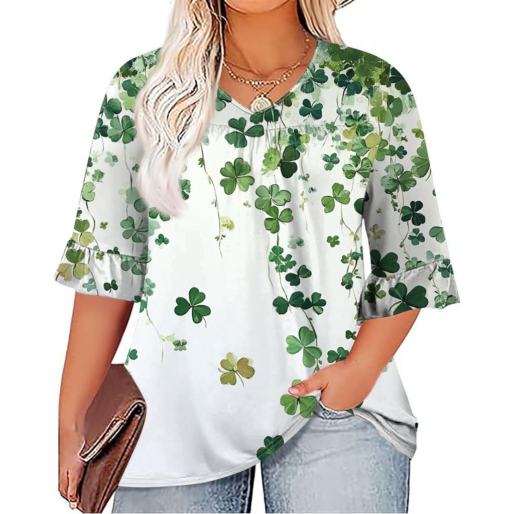 Women's Fashion Casual  Printed V-Neck Pleated Seven Minute Sleeve Ruffle Sleeve T-Shirt Plus Size Tops