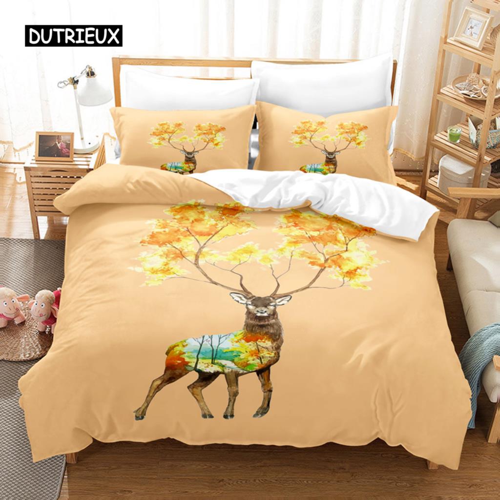 Elch Bettbezug Set Tier Rentier Bettwäsche Set für Kinder Hirsch Tiermotiv für Kind Jugendliche Doppel Queen King Polyester Steppdeckenbezug