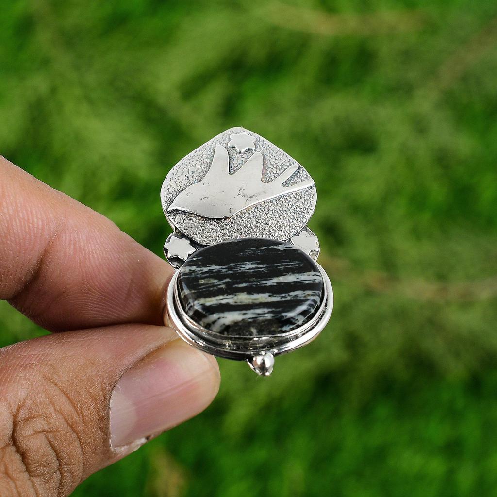 Natural Silver Leaf Jasper 925 Silver Statement Bird Stackable Boho Ring Jewelry