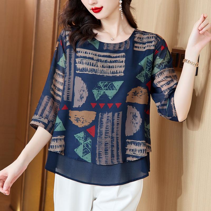 New Fashion Casual Short-sleeve Chiffon Blouse for Women, Summer Loose-fitting Pullover Plus-size Top