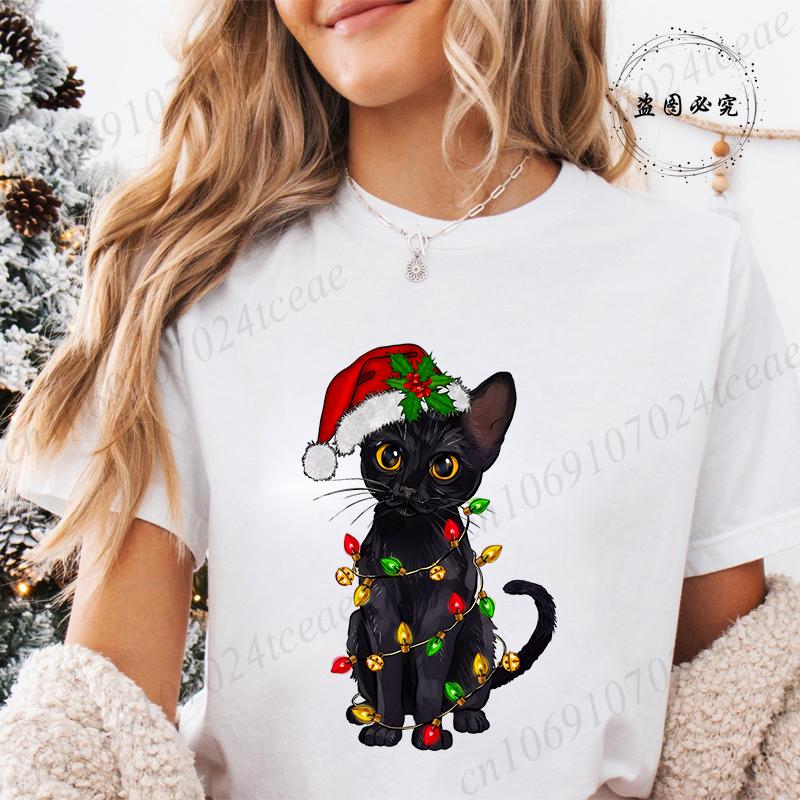 Funny Christmas Cat Women TShirt Xmas Cat Graphic TShirts Tops Short Sleeve Tees Casual Harajuku Street Tshirt Female Clothing