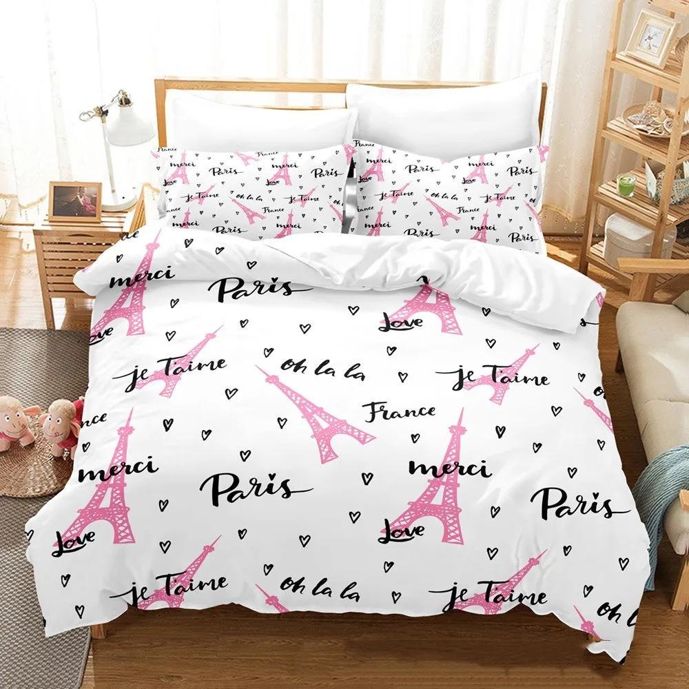 

King Comfortable Quilt Cover Set Beding Digital Printing Pink Love Paris Tower Luxurious Bed Linen Set 28*28 Including (duvet Cover+pilowcase 100*200cm Single
