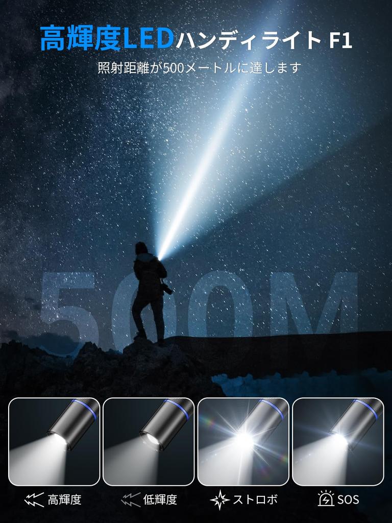 Smiling Shark F1 Alloy Powerful LED Handheld Flashlight with 4 Dimming Zoom Durable Aluminum and Portable for Outdoor Activities like Night Disaster