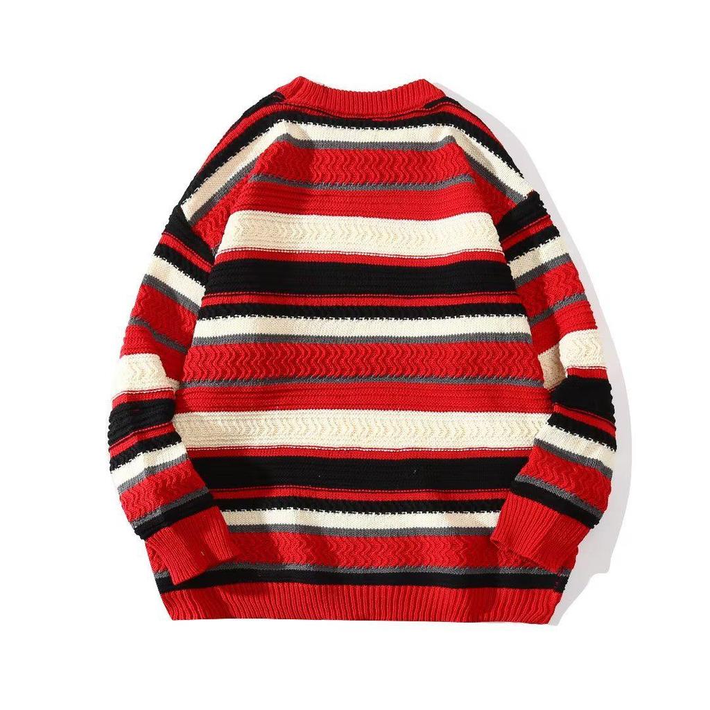 Men's Trendy Autumn Striped Knit Pullover Sweater, Casual Loose Fit, Round Neck, Long Sleeve