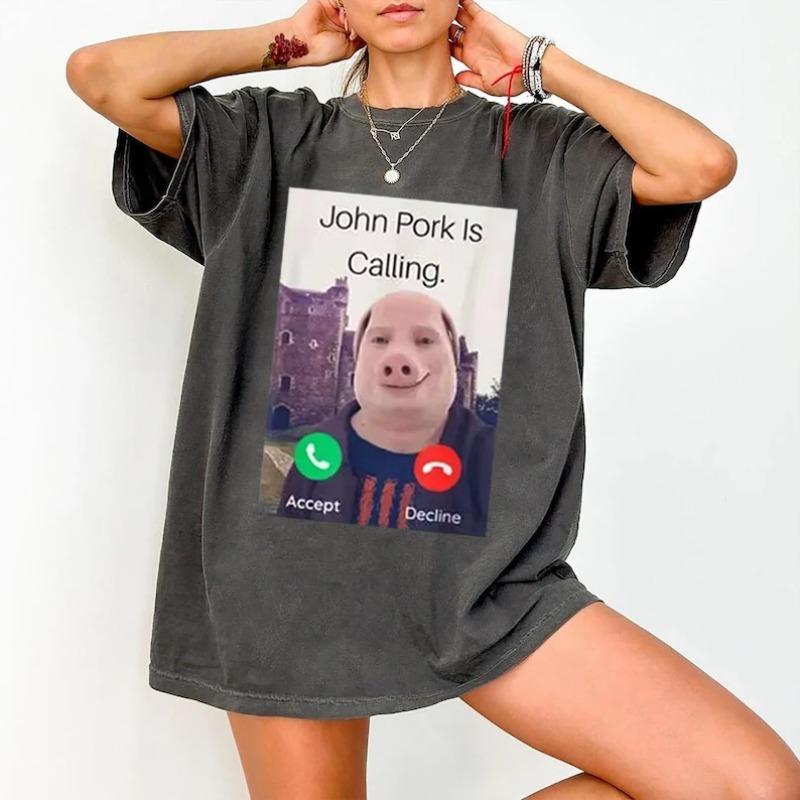 

Funny Meme John Pork Is Calling Answer Call Phone Graphic T Shirt Unisex Women Casual Cotton Summer Top Gen Z Alpha Brain Rot Humor S