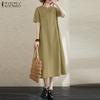 Naiste vabaajaline ümara kaelusega suvine lühikeste varrukatega pikk kleit