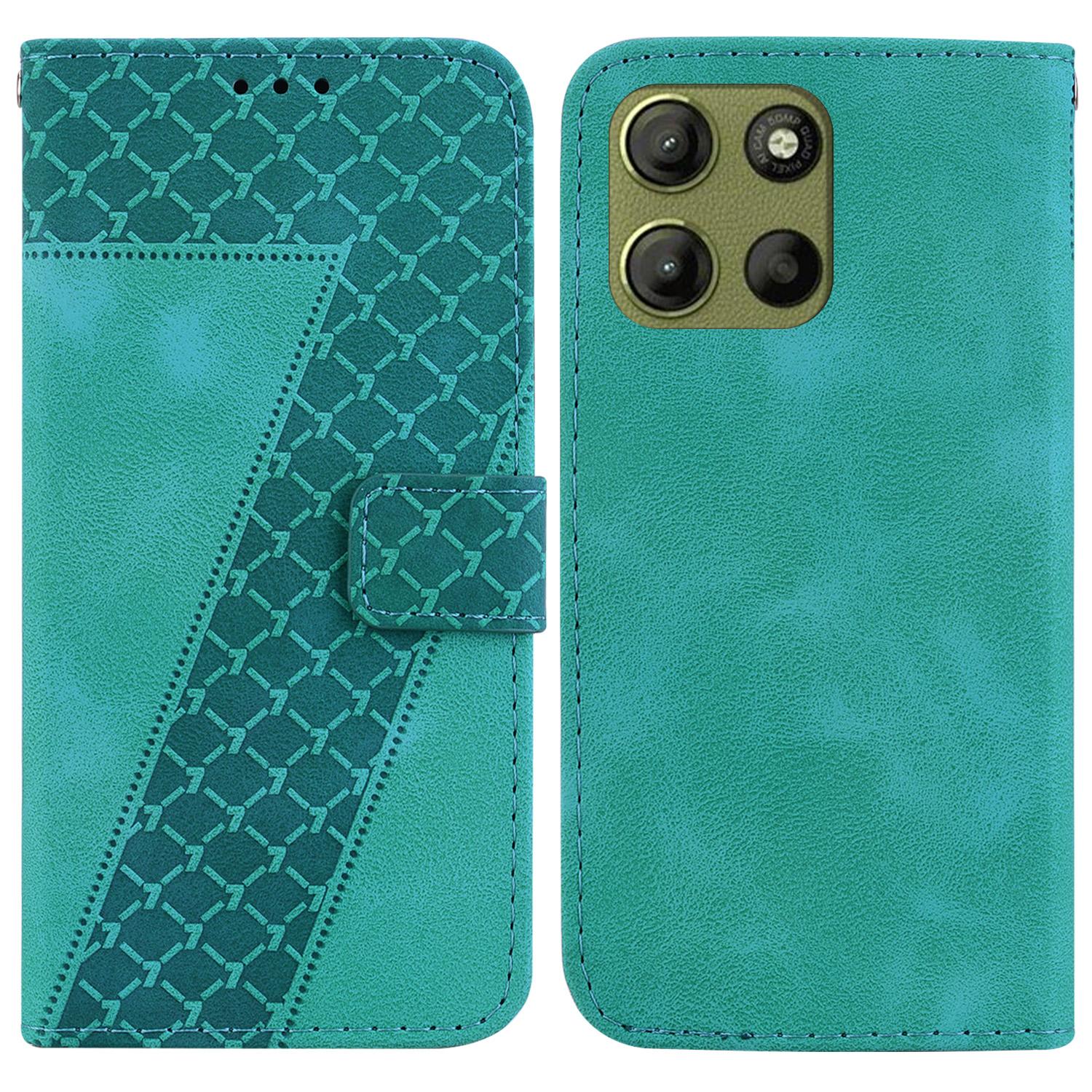 

For Motorola Moto G15 4G Stand Case 7-Shaped Pattern Imprint Leather Phone Cover Green