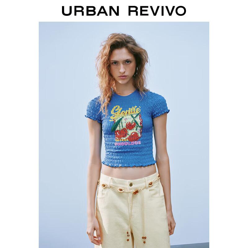 UR 2025 Summer Fruit Print Ruffle Short Sleeve T-shirt S