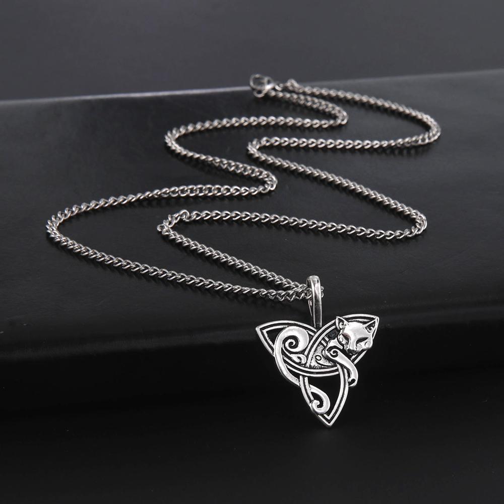 Dawapara Collier Pendentif Renard Triquetra Animal Nœud Celtique Bonne Chance Amulette Irlandaise Collier Nordique Bijoux Religieux
