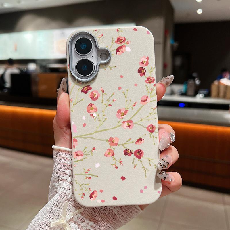 Shockproof Soft Tpu Peach Blossom Pattern Phone Case for iPhone 16 Pro 15 14 Plus 13 12 Pro Max 11 Leather Texture Plain Color Slim Cover