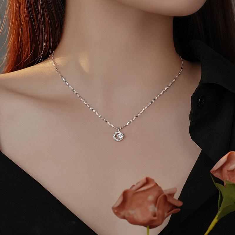 S925 Sterling Silver Moissanite Moon Necklace - Unique Clavicle Chain for Her: Qixi Valentine's Gift