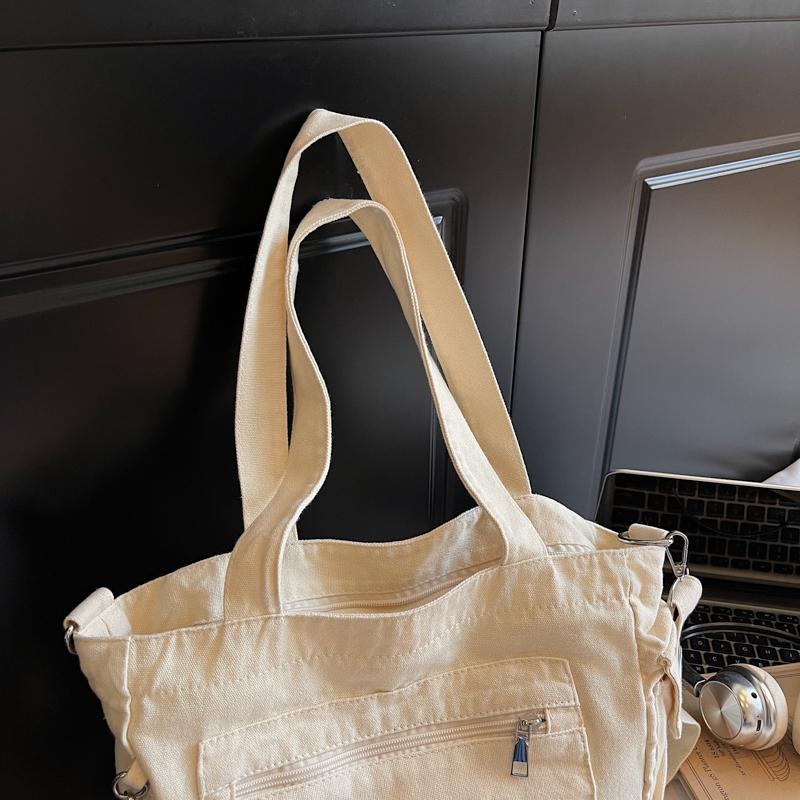 Large Capacity Tote Bag Canvas Bag Solid Color Student Crossbody Bag