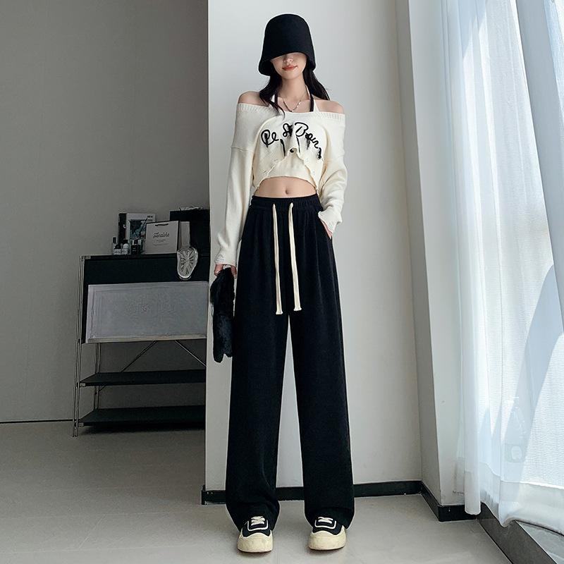 European Cotton Wool Wide-leg Pants for Women's Fall Latest High-waist Loose Straight-leg Pants Slim and Casual Floor Trousers