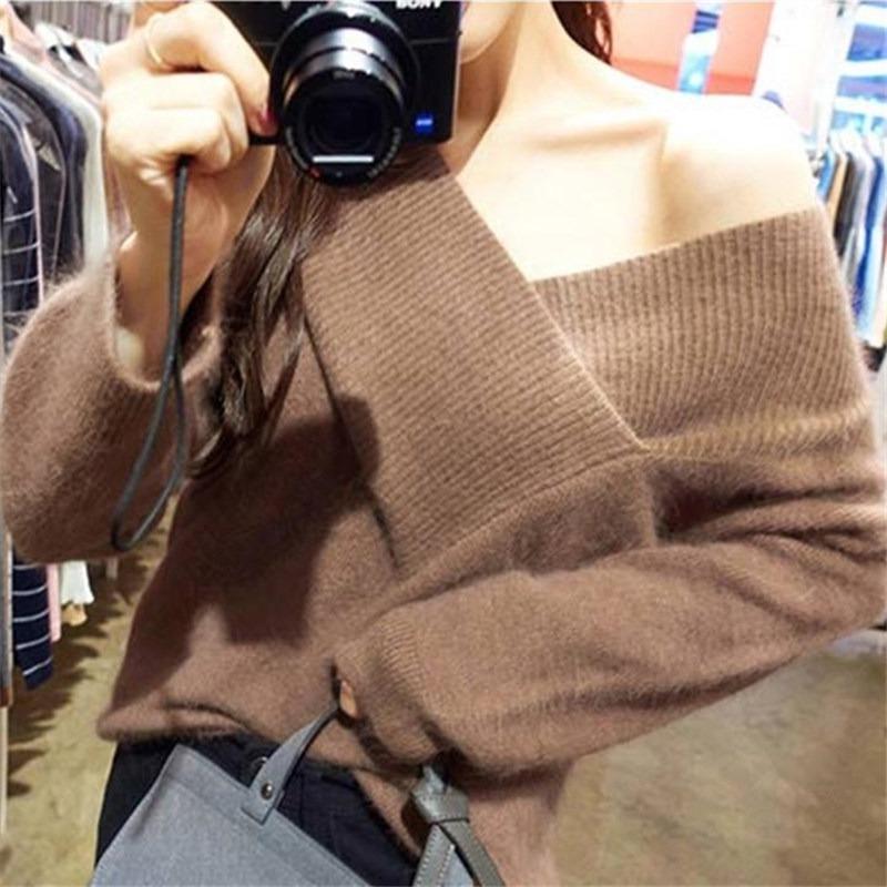 Autumn Long Sleeve Fleece Knitted Sweater Women Winter New Sexy V-neck Off Shoulder Plush Pullovers Sweaters Women Elegant Solid Casual Jumper 25501