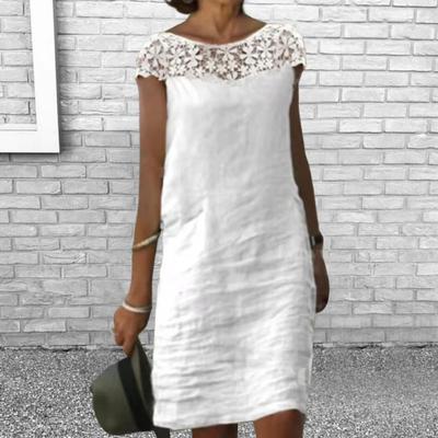 O-Neck Short Sleeve Solid Color Summer Dress Crochet Lace Stitching Holiday Mini Dress Streetwear