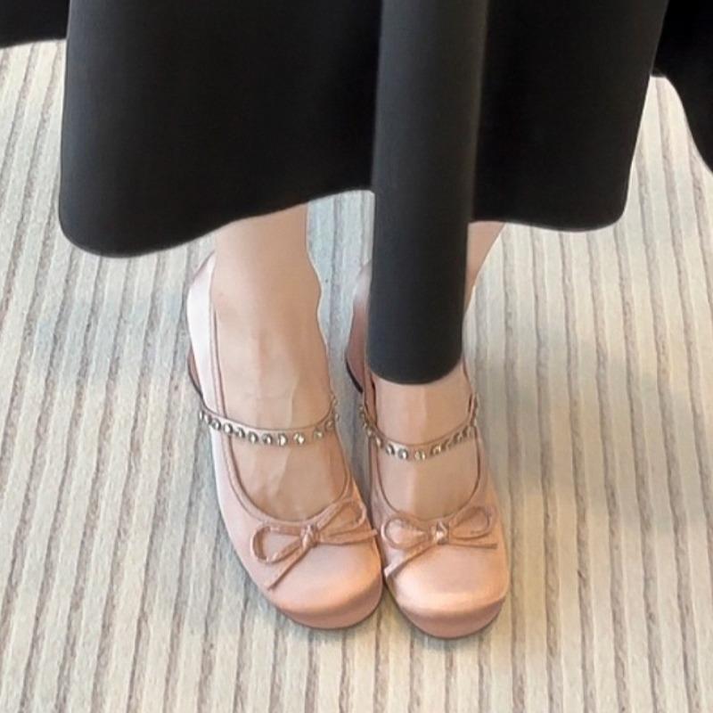 High Heels Women's Spring/Autumn New Butterfly Knot Water Diamond Strap Womens Shoes Round Head Mary Jane Single Shoes Women