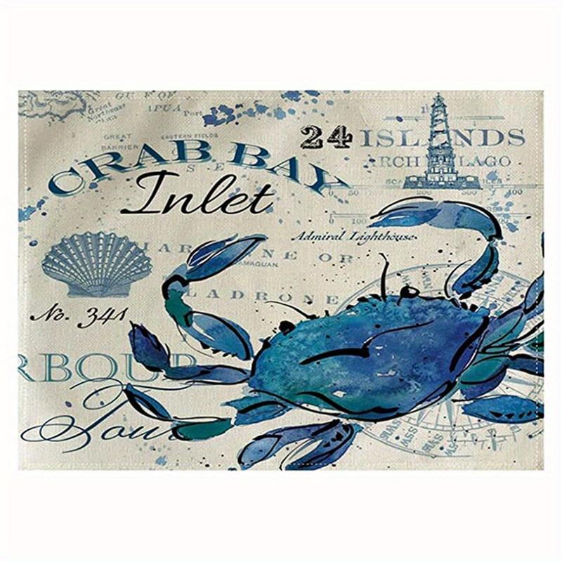 1pc Vintage Ocean Style Encrypted Linen Placemat, Summer Style Seahorse/Starfish/Seashell/Conch Table Mat, Tabletop Protection