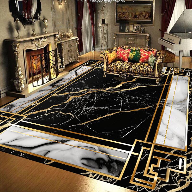 European Luxury Large Area Carpets Living Room Black Gold Marble Style Decoration Sofa Area Rugs for Bedroom Floor Mat Anti-slip