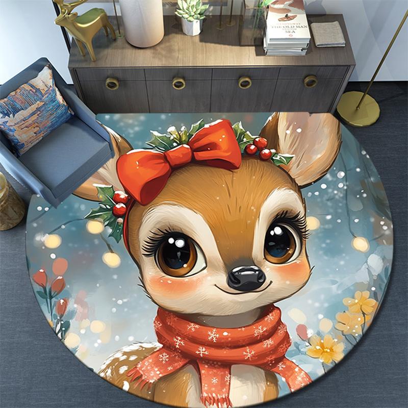 Cute Deer Round Area Rug,Carpet Rug for Living Room Bedroom Sofa Playroom Decor,Non-slip Floor Mat
