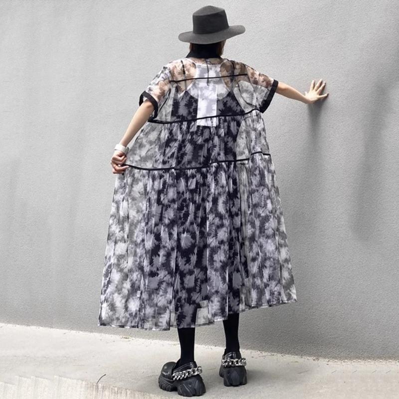 XITAO Mesh Patchwork Print Shirt Dress ZMY1248