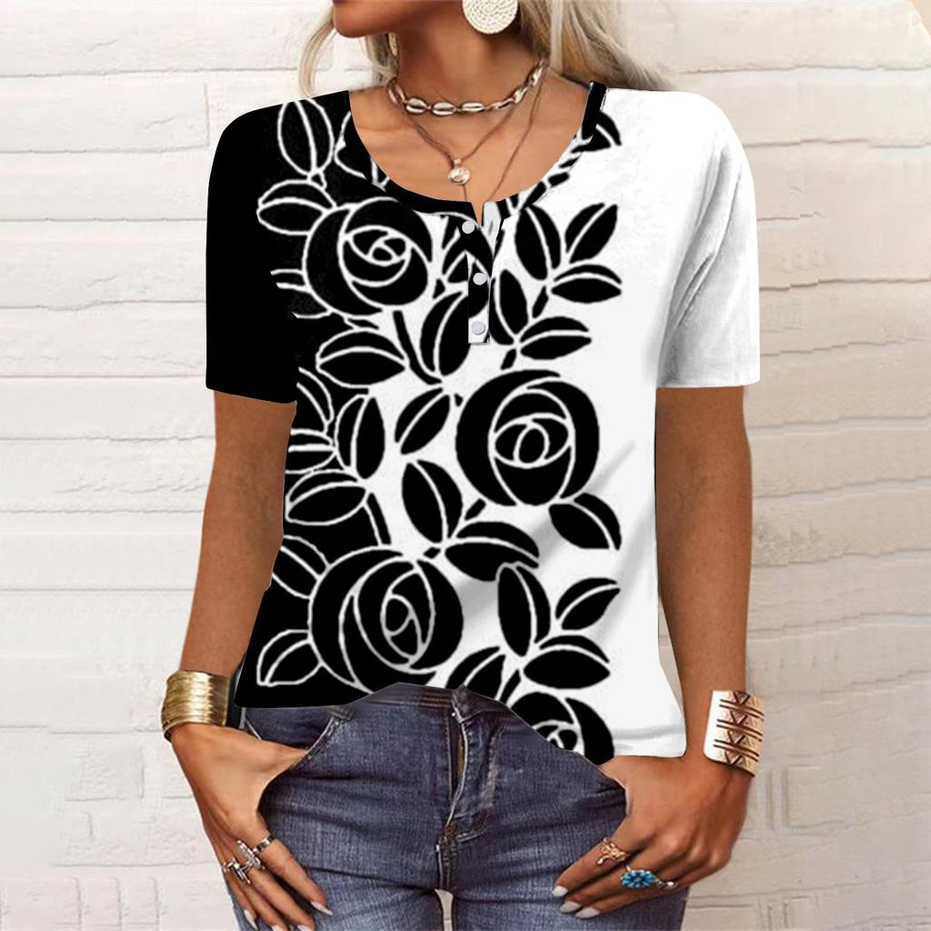 Women's New Button V-Neck Fashion Print Short Sleeve Retro Print T-Shirt Slim Top Casual Tops