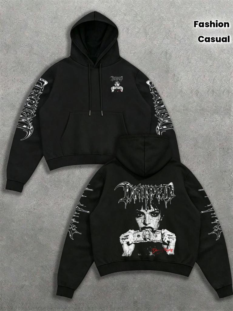 Black background, white ink, spiked death metal font, hand-held full-sleeved printed short hooded sweater, dark high street