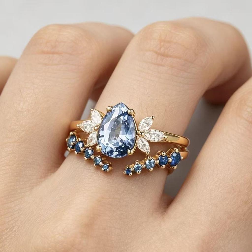 Ins New Gold-plated, Drop-shaped Sapphire-inlaid Couple Rings European and American Style Wedding Rings, a Set of Delicate Rings
