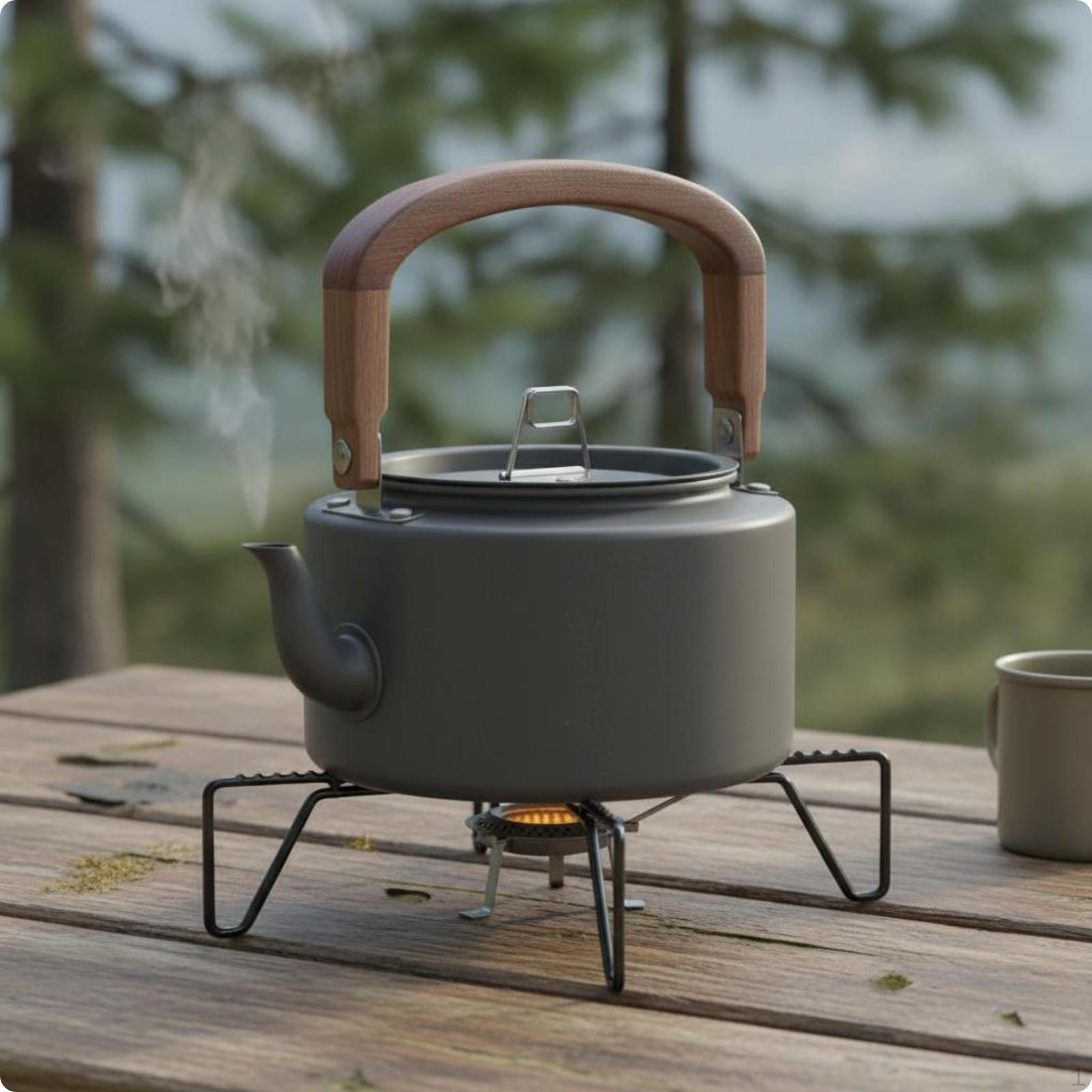 Aluminum Camping Kettle HardAnodized Portable Teapot Wooden Handle Lightweight Outdoor