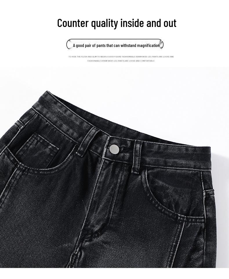 Women's Black & Gray Patchwork Wide-Leg Jeans - Spring/Autumn Plus Size, Floor-Length, Loose Fit