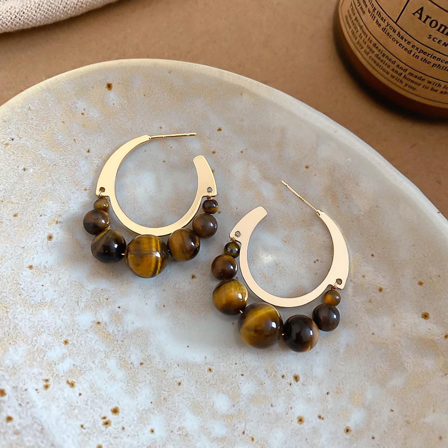 Silver Needle Tiger Eye Round Geometric Pendant Earrings - Retro Millard Style Studs with Unique Niche Design