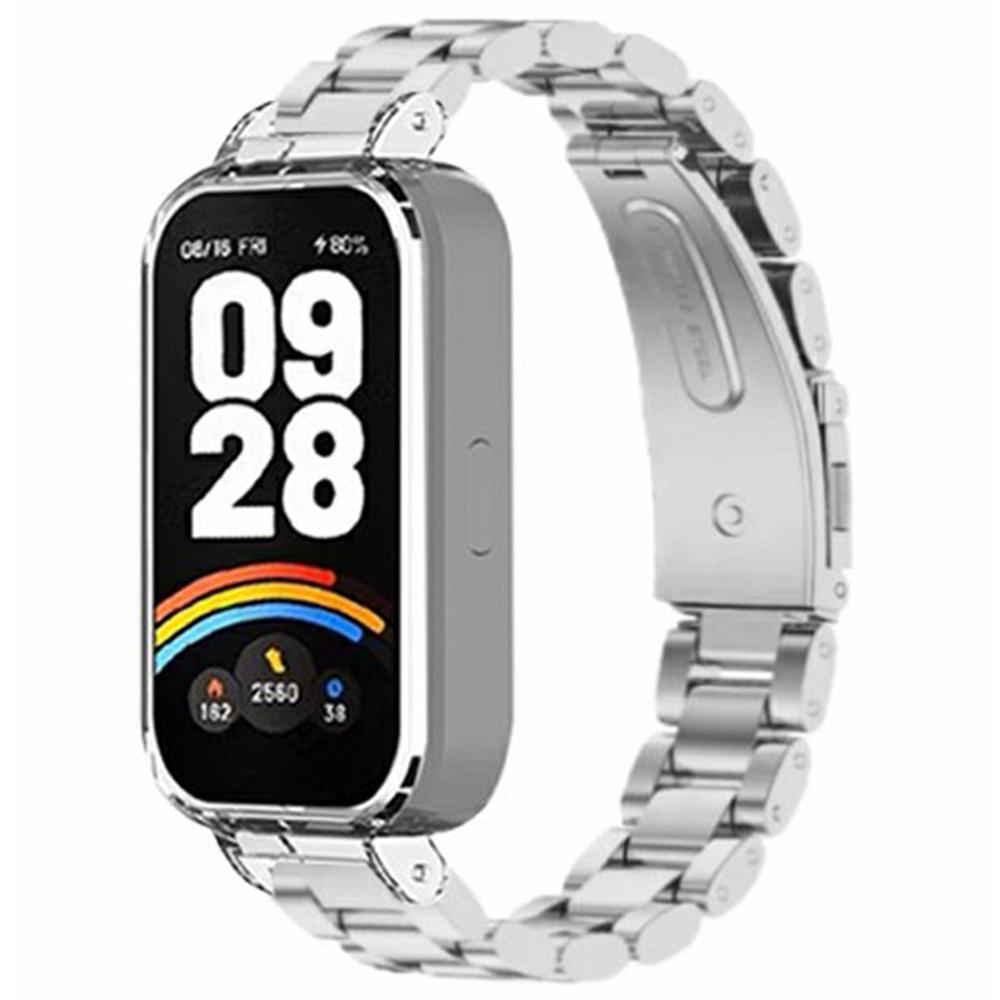 

For Xiaomi Redmi Band 3/Smart Band 9 Active Stainless Steel Watch Strap with PC Case Solid 3 Bead Replacement Band Silver+Transparent