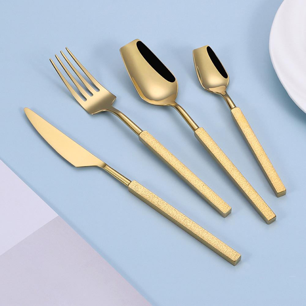 Luxury 4Pcs Sliver Tableware 304 Stainless Steel Cutlery Set New Western Cube Handle Dinner Set Mirror Golden Knife Fork Spoon