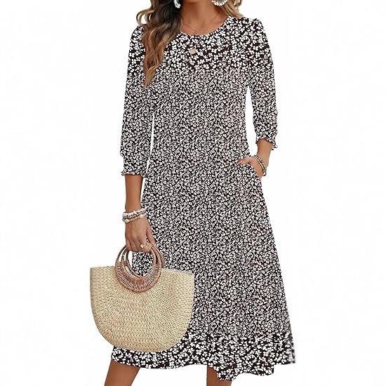Women's Summer, Pocket Seven-Sleeve Floral Medium and Long Casual Dress